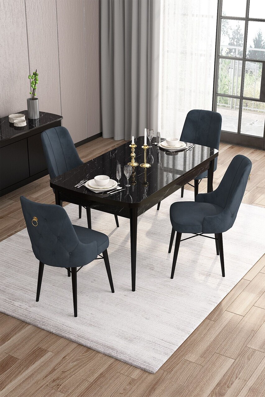 Set masa extensibila si scaune (5 piese), Hanah Home, Are, Model de marmură neagră / Antracit