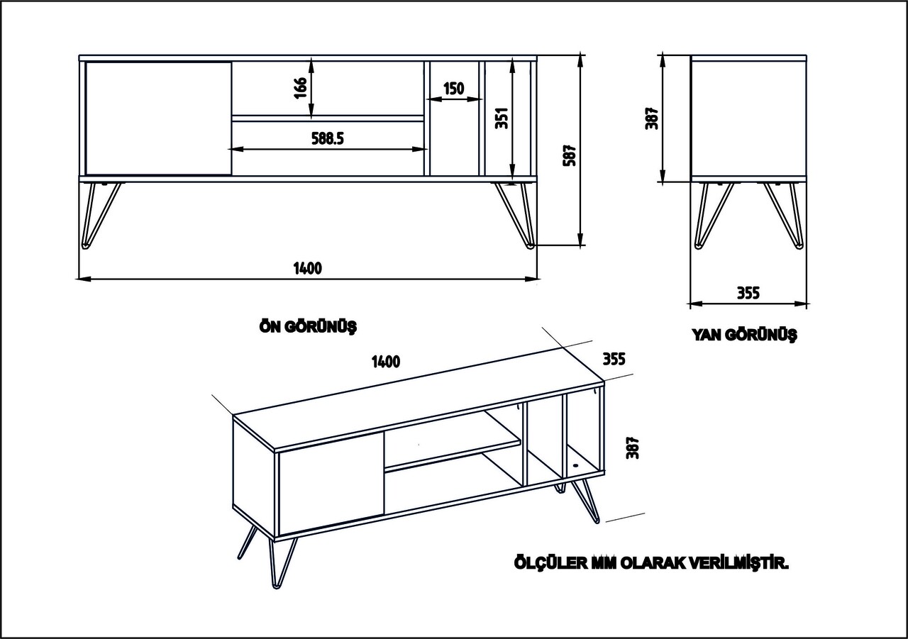 Comoda TV, Zena Home, Mistico, 140 X 58.7 X 35.5 Cm, Pal Melaminat, Nuc/negru/alb