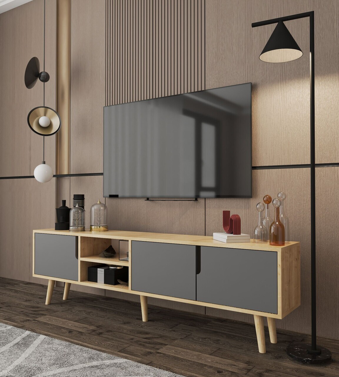 Comoda TV, Hanah Home, Latina 180, 180x30x53 cm, PAL MELAMINAT, Stejar safir / Antracit — imaginea 2