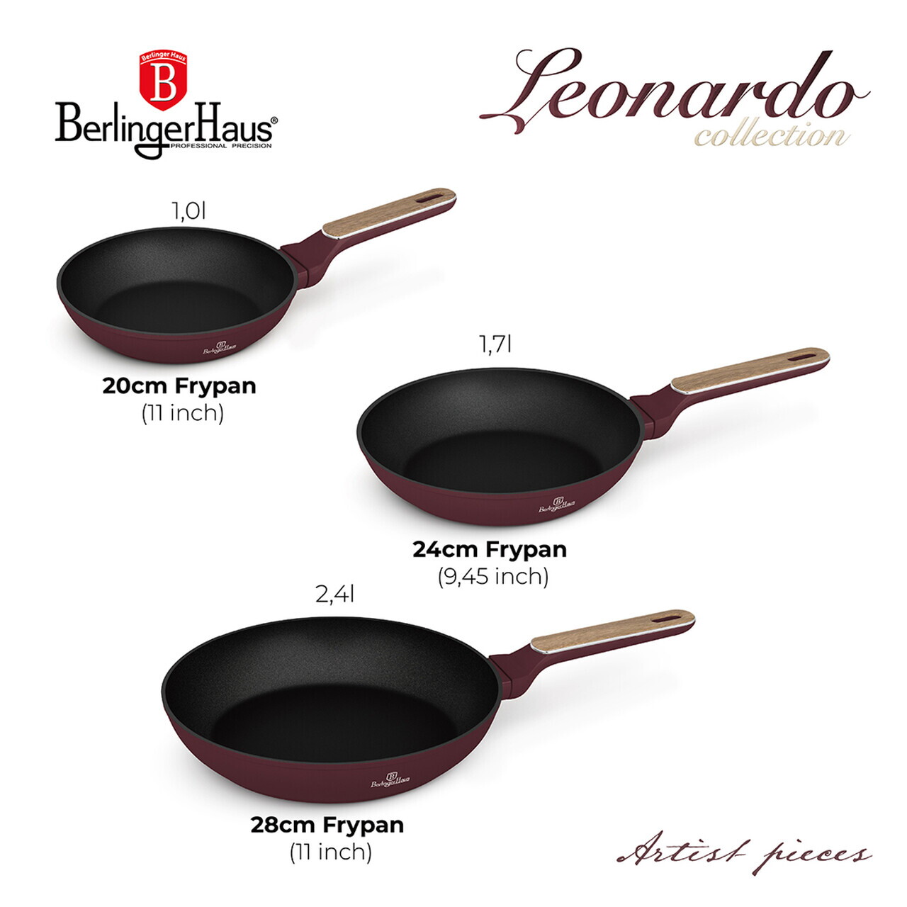 Set 3 tigai Berlinger Haus, Leonardo Nordic, 20/24/28 cm, aluminiu forjat, visiniu mat - imagine 15