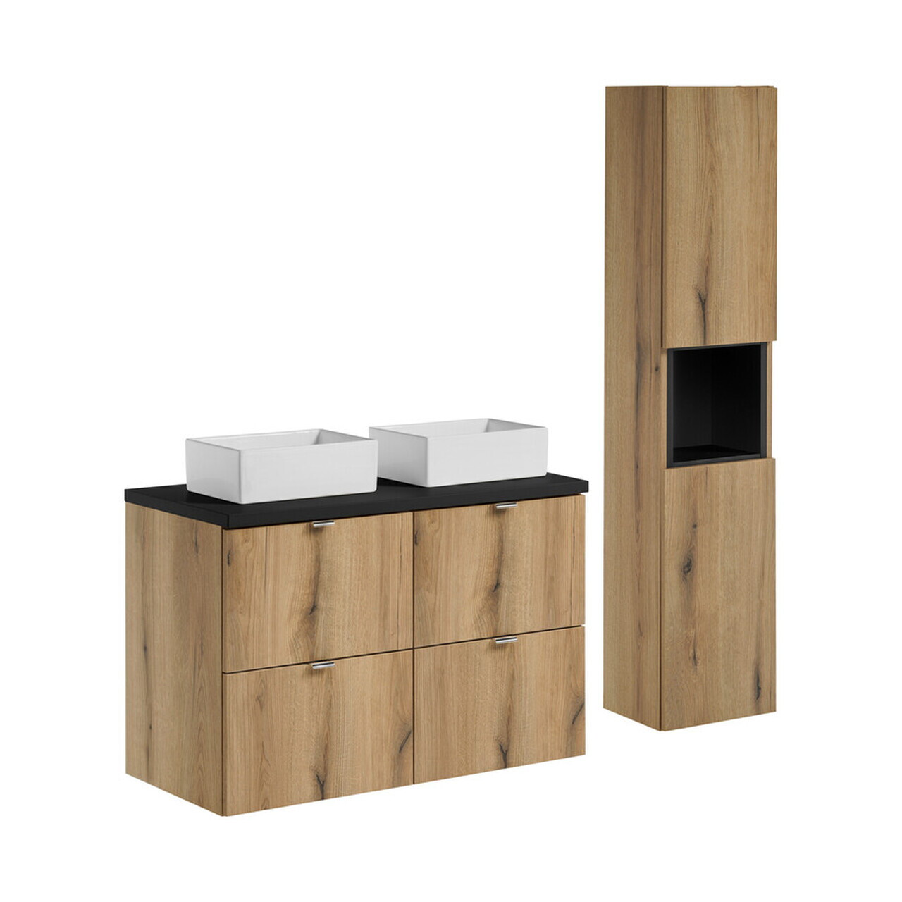 Set mobilier baie Nova Oak 100 cm, dulap inalt si masca dubla cu lavoar, Comad, MDF/PAL, stejar/negru