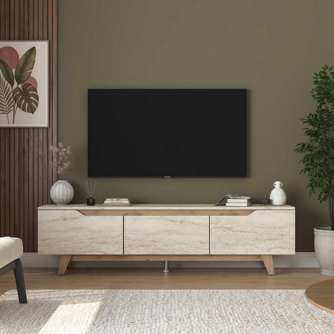 Comoda TV, Hanah Home, AA168, 180x48.3x35 cm, Travertin / Nuc — imaginea 2