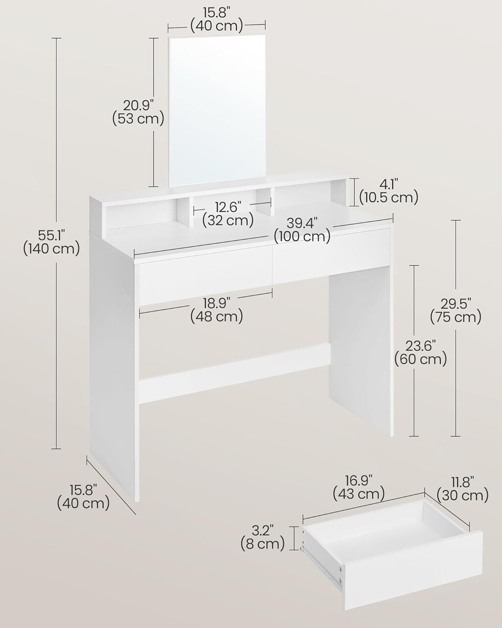 Poze Masa de toaleta cu oglinda / masuta dressing, Vasagle, 100x40x140 cm, PAL, alb mezoni.ro 