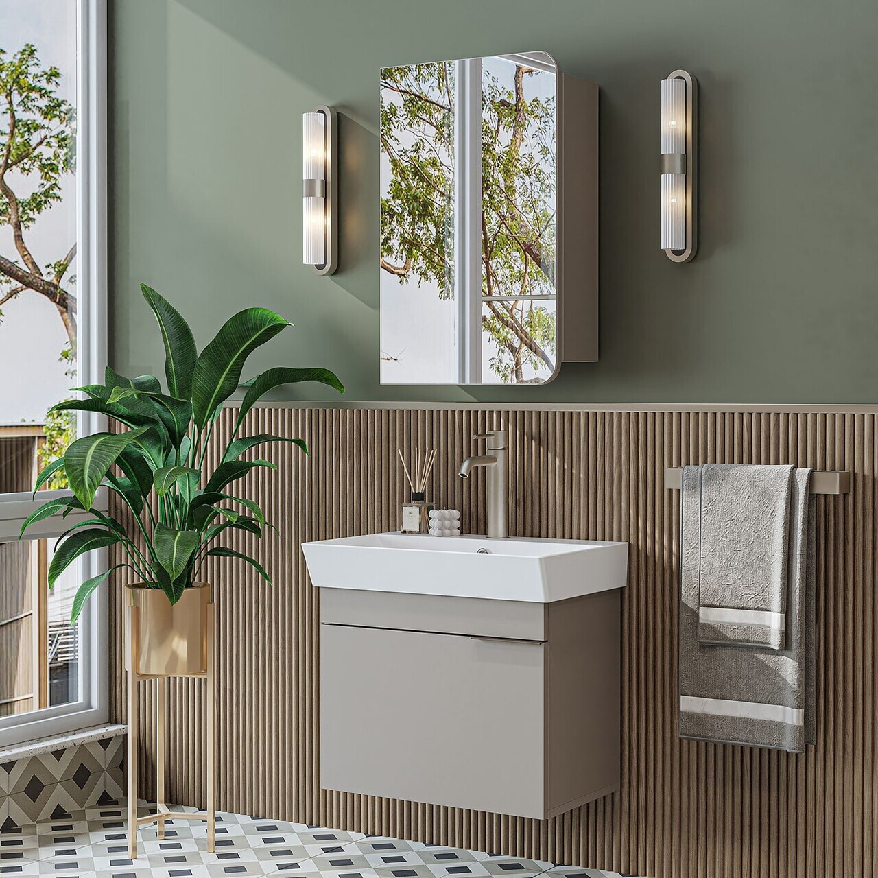 Set Dulap de Baie cu Chiuvetă și Oglindă (2 Piese), Hanah Home, 2936, MDF, Gresie