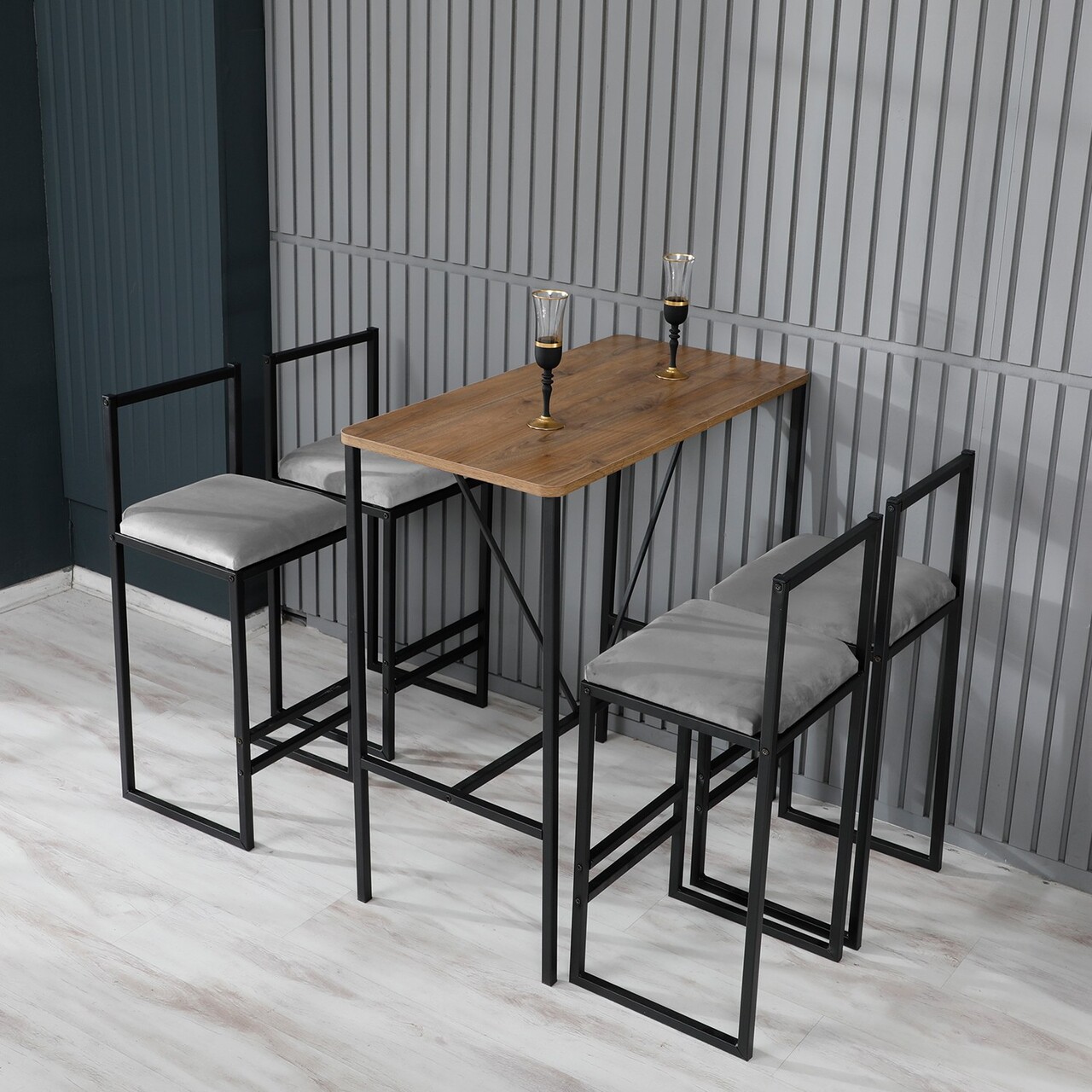 Set masa si 4 scaune de bar, Hanah Home, Nordic, Gri / Nuc / Negru - view 2