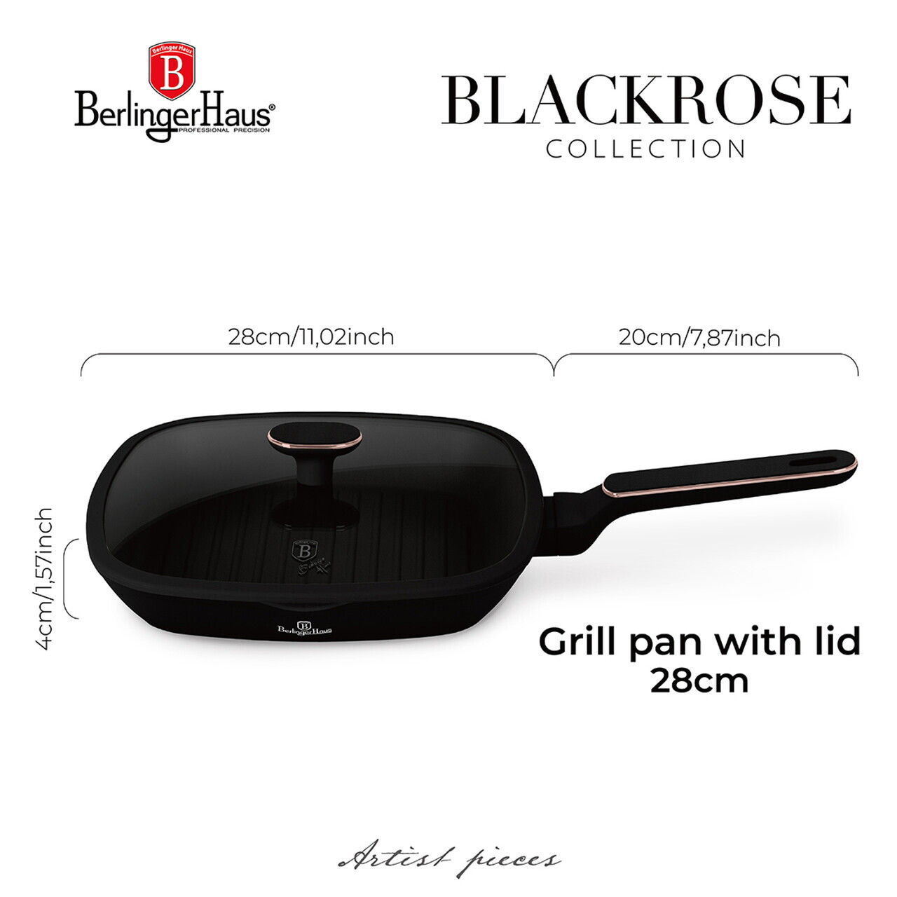 Tigaie grill cu capac Berlinger Haus, Black Rose, 28 cm, 2.1 L, aluminiu forjat, negru mat - imagine 4