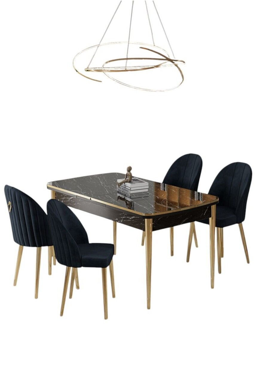Set masa extensibila si scaune (5 piese), Hanah Home, Rada, Model de marmură neagră / Auriu / Antracit — imaginea 2
