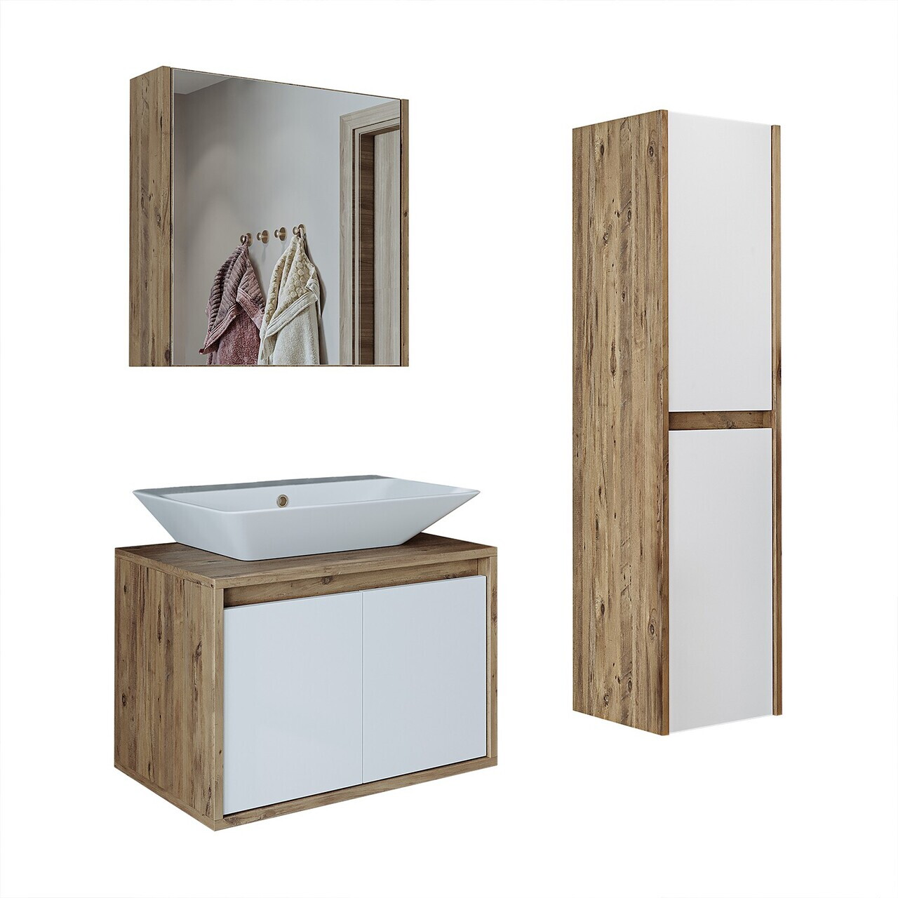Set Dulap de Baie cu Chiuvetă și Oglindă (3 Piese), Hanah Home, 1756, MDF-LAM, Pin Atlantic / Alb Mat — imaginea 6