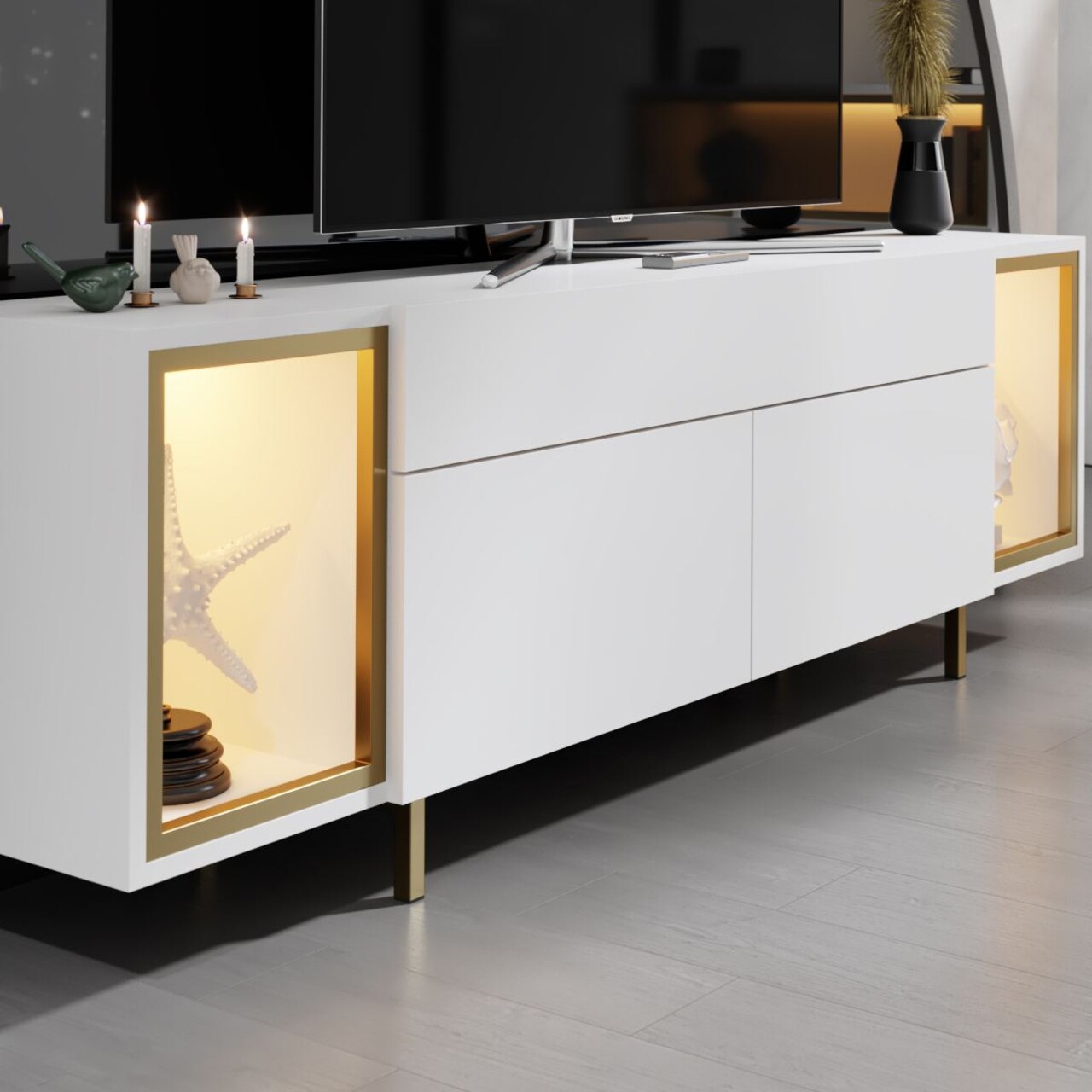 Comoda TV, Hanah Home, Zenith, 180x55x32 cm, Alb/Auriu - view 4
