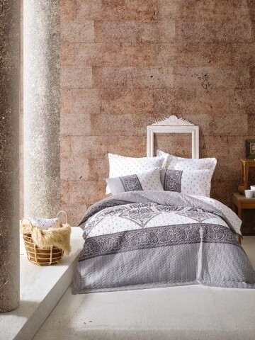 Lenjerie de pat matlasata pentru o persoana, 3 piese, 100% bumbac ranforce, Cotton Box, Alope Grey