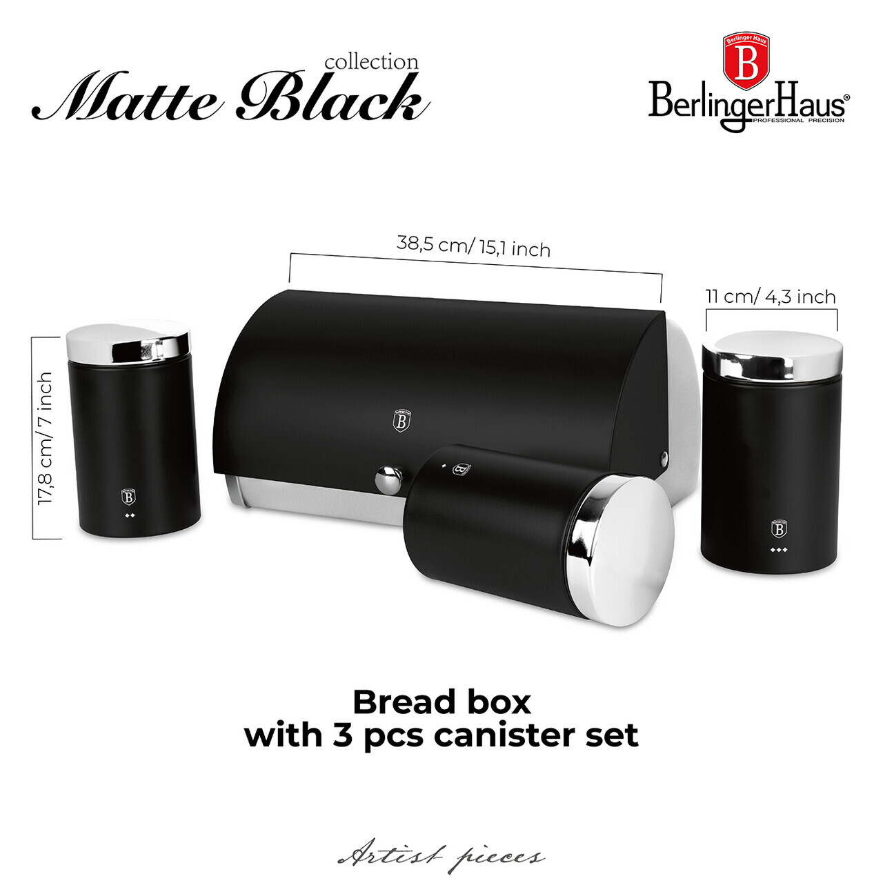 Set cutie pentru paine si 3 recipiente Berlinger Haus, Matte Black, 38.5x28x18.5 cm, inox, negru/argintiu - imagine 10