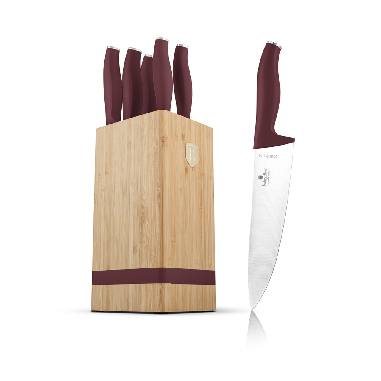 Set 5 cutite cu suport patrat Berlinger Haus, Leonardo, inox/bambus, visiniu mat/natur - imagine 2