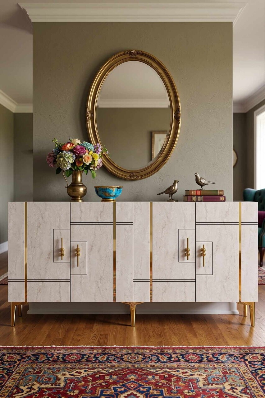 Consola, Hanah Home, Ilay 150, 150x75x32 cm, White / Travertine / Gold — imaginea 2