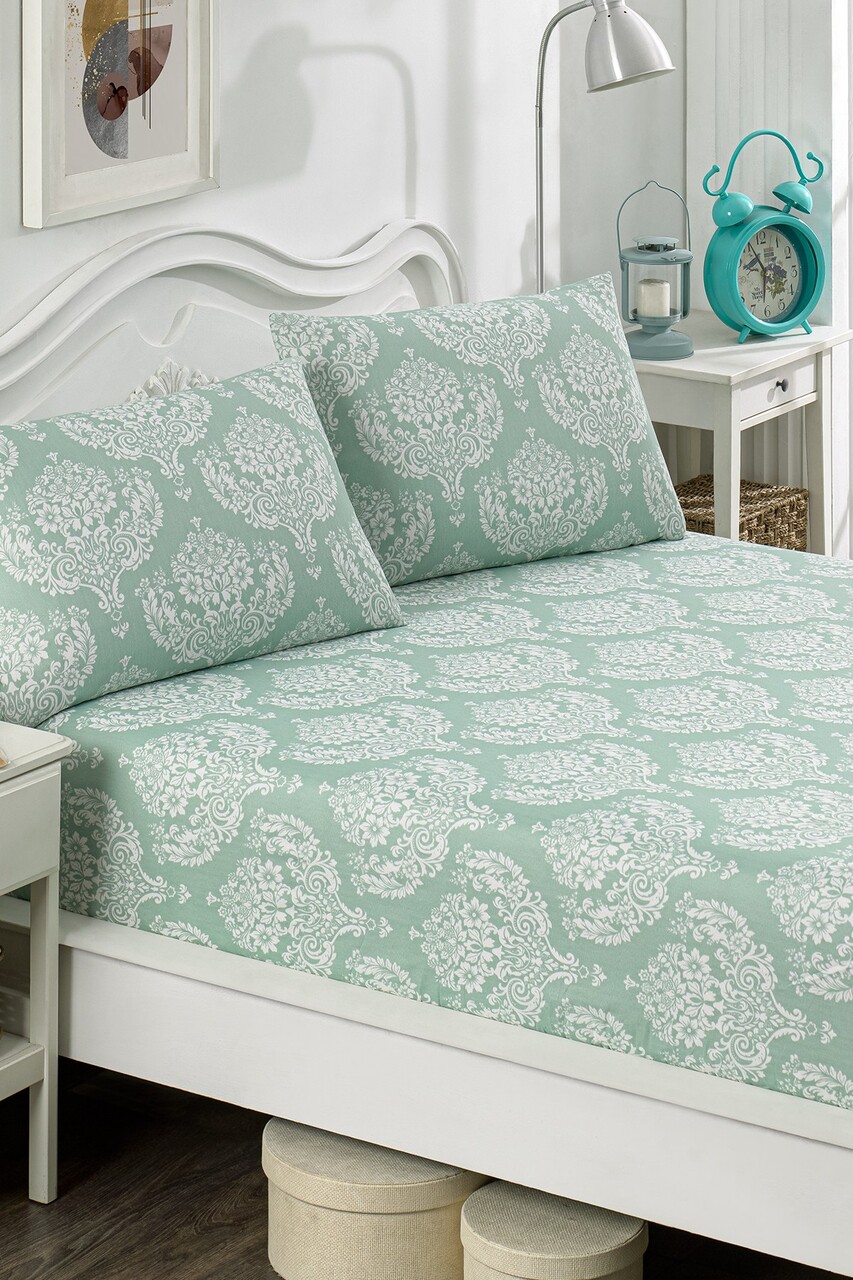 Set de pat dublu (cearceaf cu elastic si perne) 3 piese, Post - Water Green, Eponj Home, 65% bumbac/35% poliester - 1 | YEO