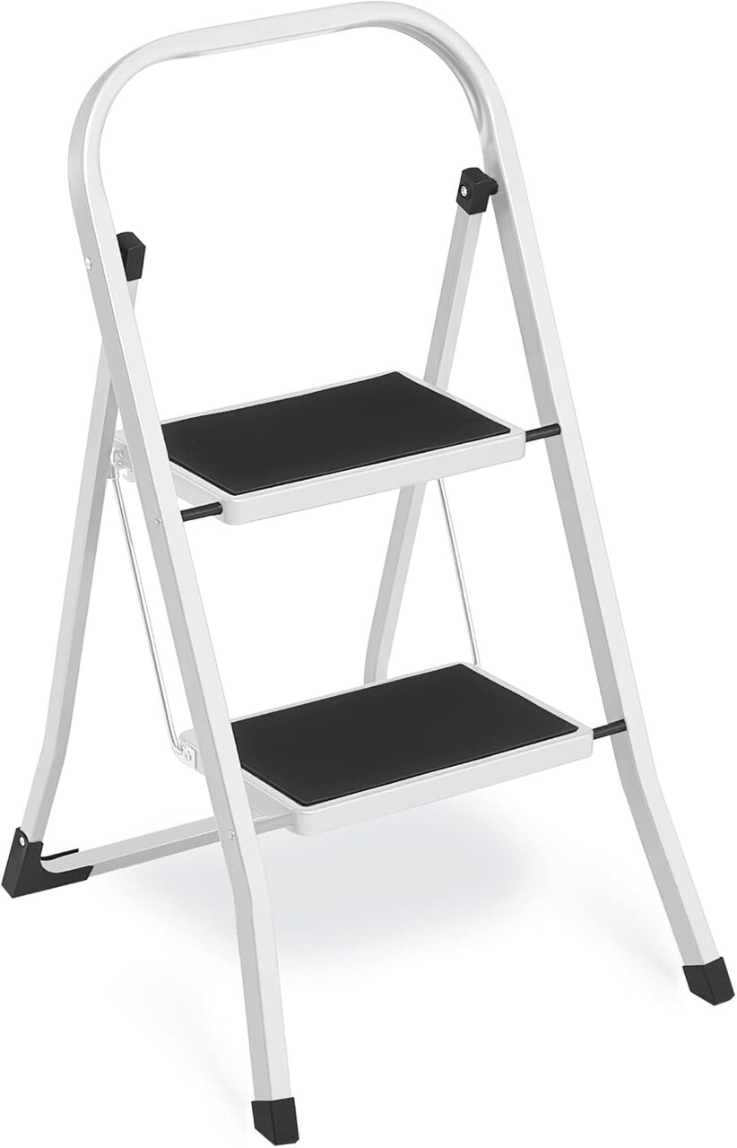 Scara cu 2 trepte, Songmics, plibila, 46.5x63.5x80 cm, max 150 kg, otel, alb
