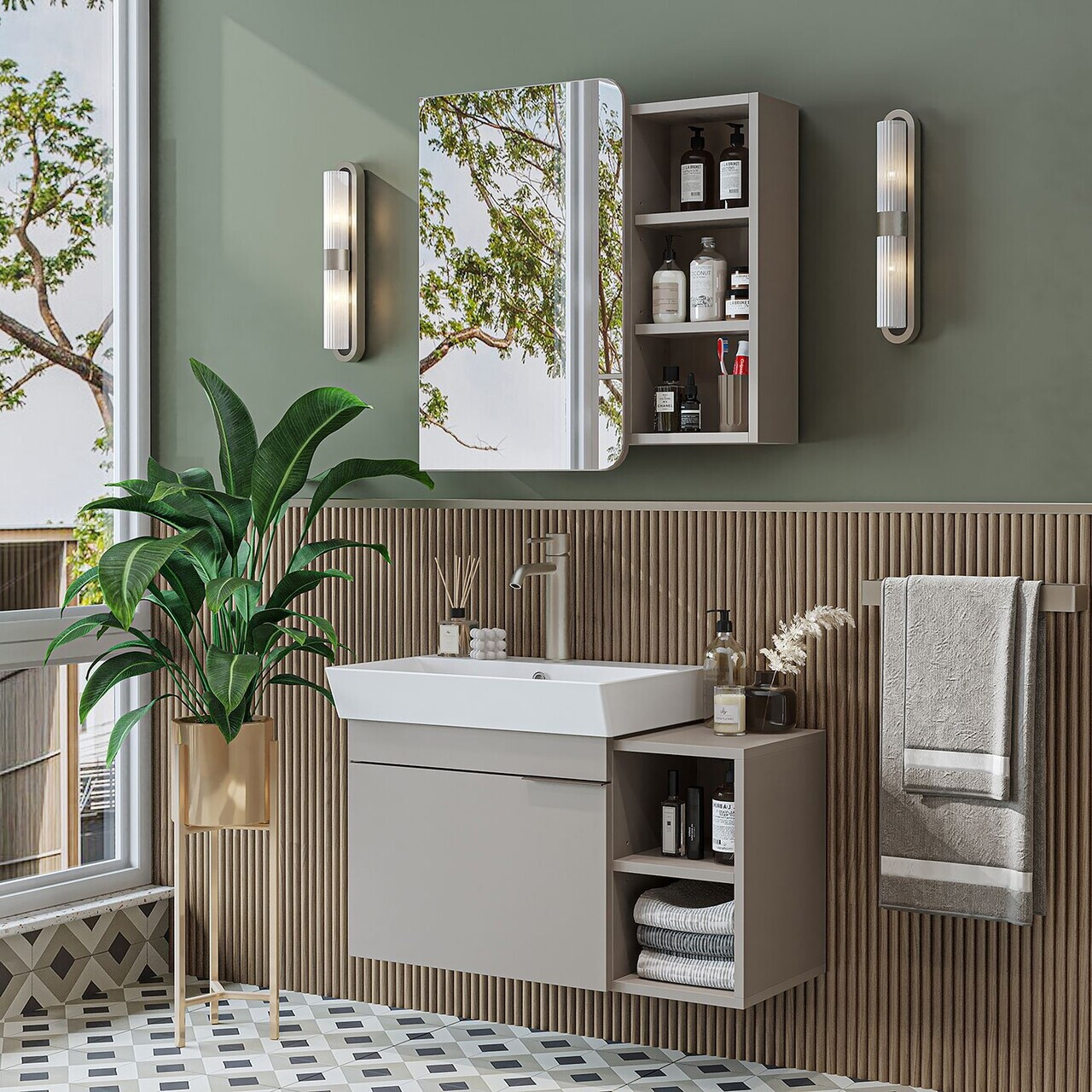 Set Dulap de Baie cu Chiuvetă și Oglindă (2 Piese), Hanah Home, 2938, MDF, Gresie
