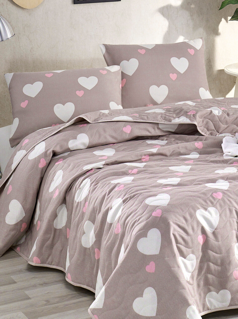 Set cuvertura de pat dubla 3 piese, Herz - Dusty Rose, Eponj Home, 65% bumbac/35% poliester