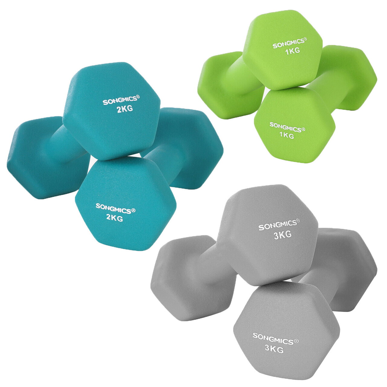 Set gantere fitness 6 piese cu suport, 2 x 1 kg + 2 x 2 kg + 2 x 3 kg, Songmics, neopren, verde/teal/gri deschis - imagine 4