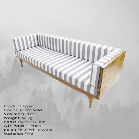 Canapea 3 locuri, massive design, cocos, 160x70x75 cm, pin / alb / gri
