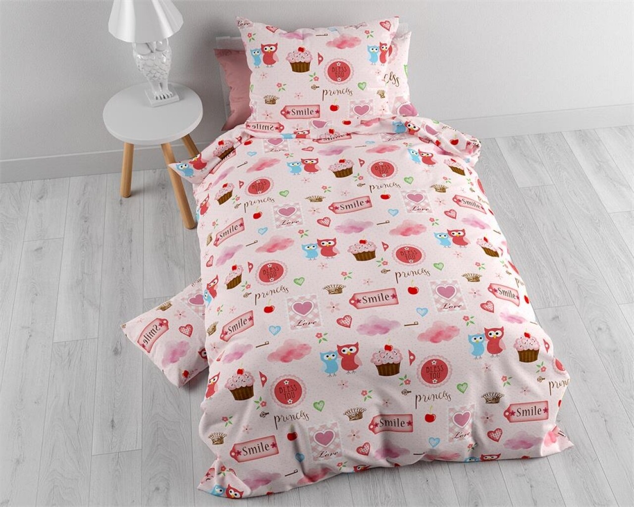 Lenjerie De Pat Pentru O Persoana, Small Love Pink, Sleeptime, Royal Textile, 2 Piese, 140 X 200 Cm, 100% Bumbac, Multicolor