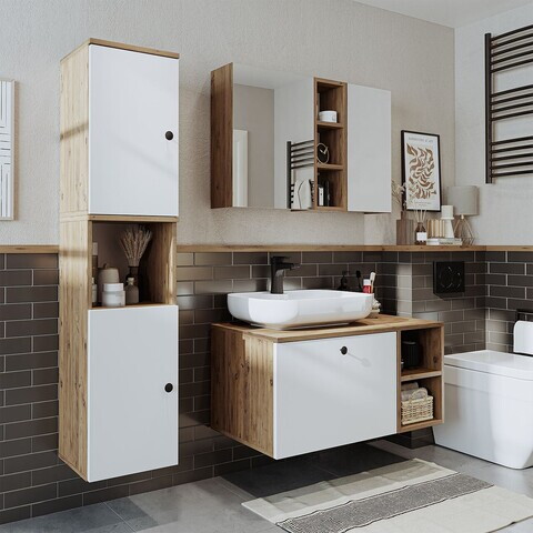 Set Dulap de Baie cu Chiuvetă și Oglindă (3 Piese), Hanah Home, 2521, MDF, Pin Atlantic / Alb