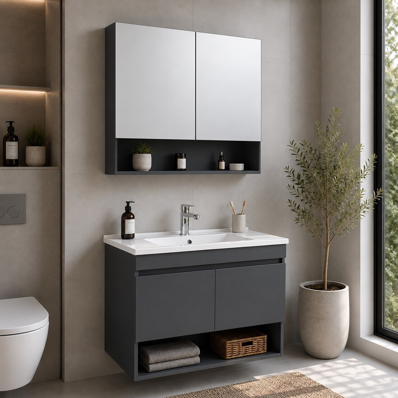 Set Dulap de Baie cu Chiuvetă și Oglindă (2 Piese), Hanah Home, Compacta 80, Gri carbon închis
