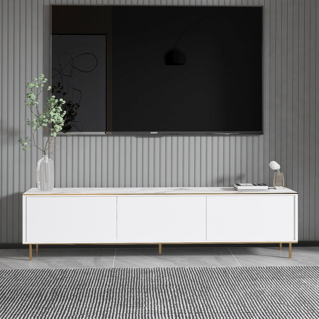 Comoda TV, Inarch, Imaj, 180x45.2x35 cm, PAL, Marmură albă/aur