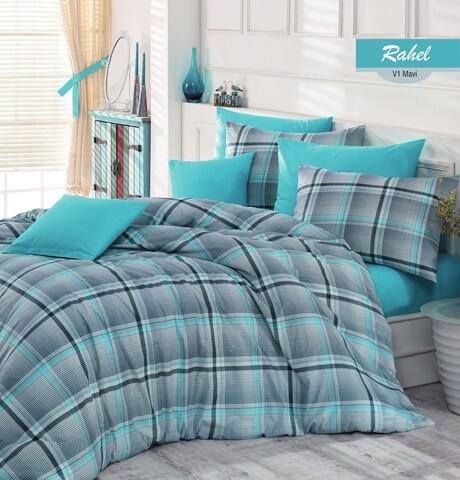 Lenjerie de pat dubla Rahel, Majoli Home Collection, 4 piese, 200x220 cm, 100% bumbac ranforce, albastru