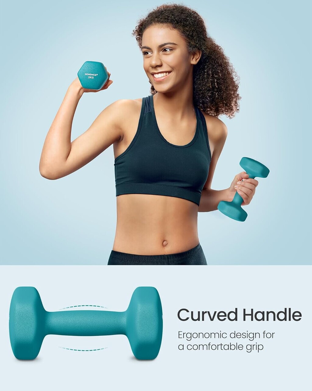 Set gantere fitness 6 piese cu suport, 2 x 1 kg + 2 x 2 kg + 2 x 3 kg, Songmics, neopren, verde/teal/gri inchis - imagine 8