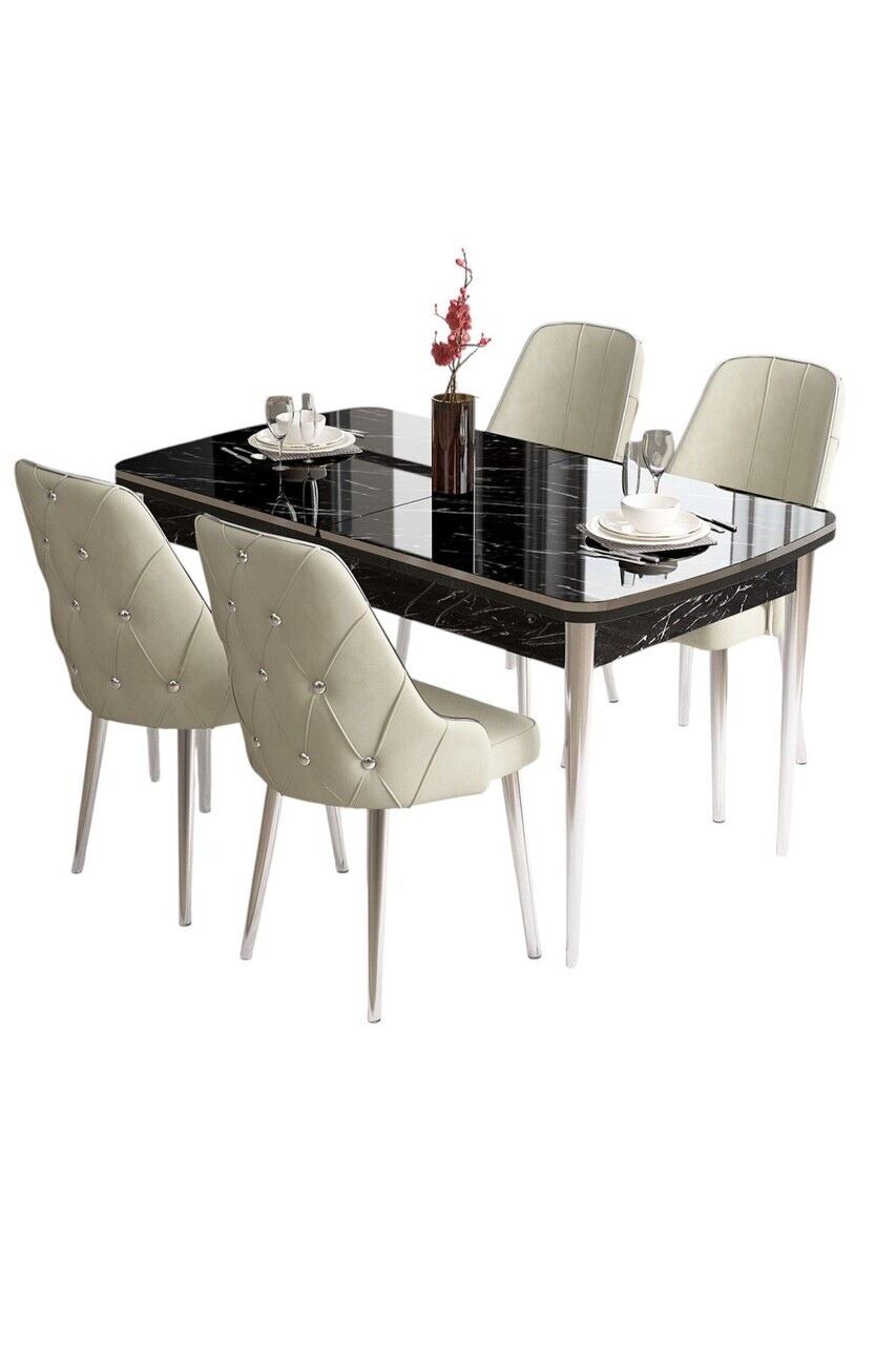 Set masa si scaune (5 piese), Hanah Home, Tia, Model de marmură neagră / Crom / Crem — imaginea 2