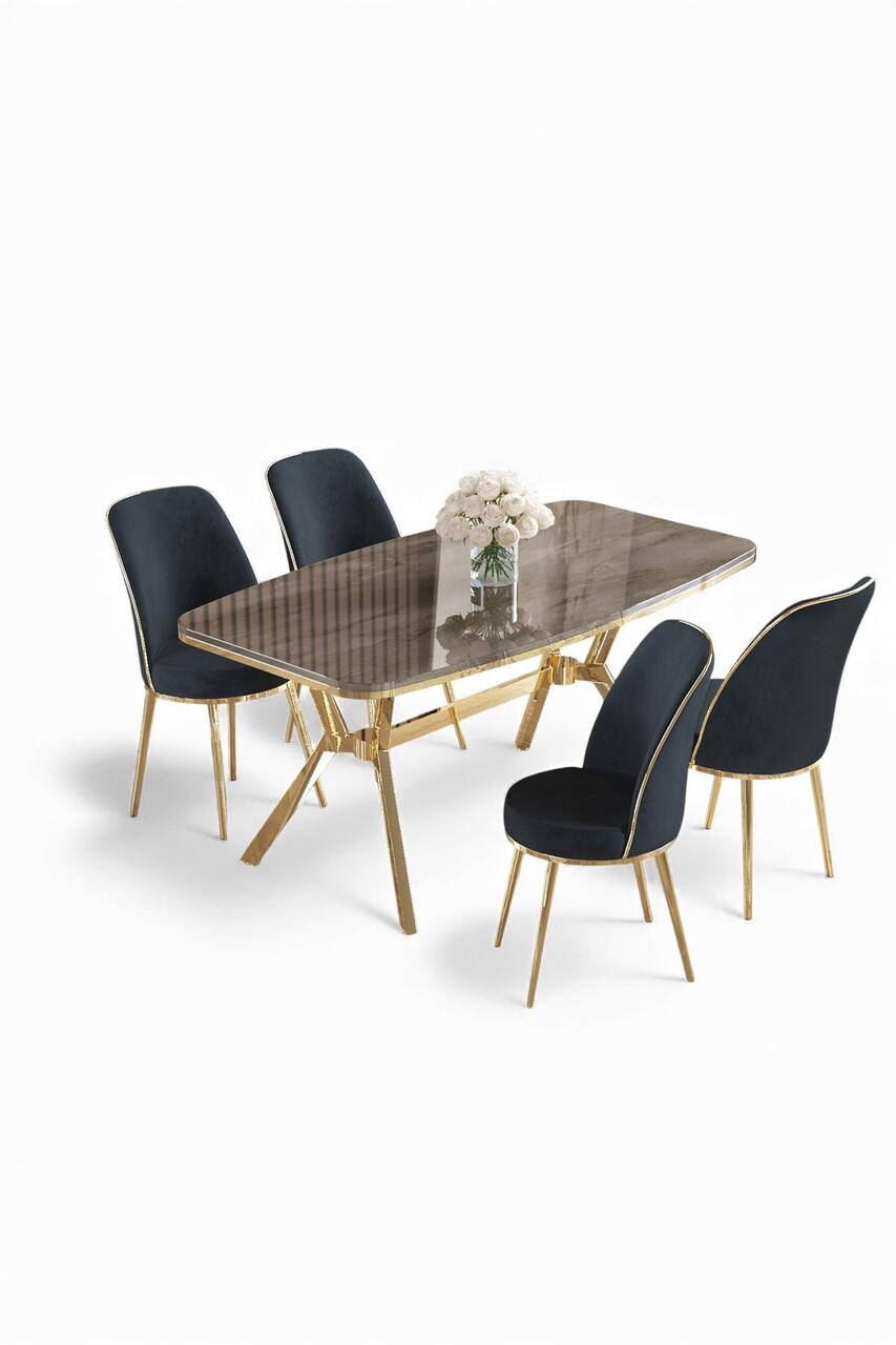 Set masă și scaune (5 bucăți), Hanah Home, Lena, Antracit / Aur - view 2