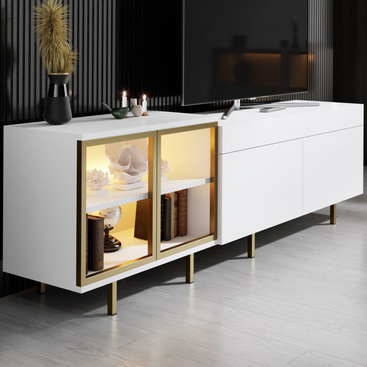 Comoda TV, Hanah Home, Vienna, 190x57x37 cm, Alb/Auriu - view 4