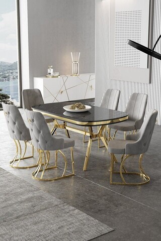 Set masa si scaune (7 piese), Hanah Home, Epal, Sonata / Auriu / Gri