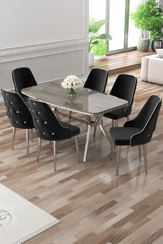 Set masa si scaune (7 piese), Hanah Home, Asel, Antracit / Crom / Negru