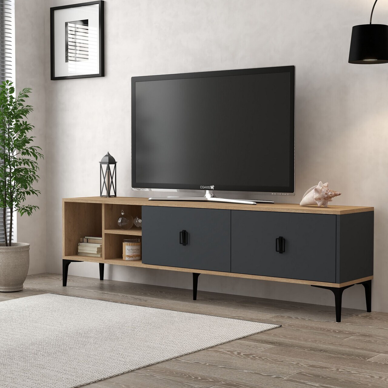 Comoda TV, Hanah Home, Era 3805, 180x50x35 cm, PAL, Stejar safir / Antracit — imaginea 3