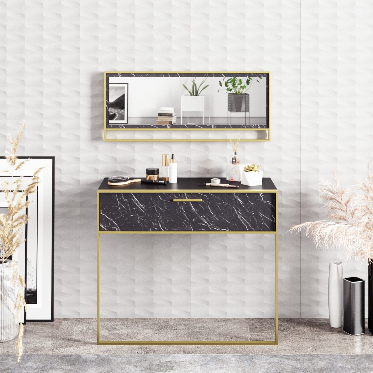 Bufet, Zena Home, Polka Aynalı, PAL, Aur/Negru - 1 | YEO