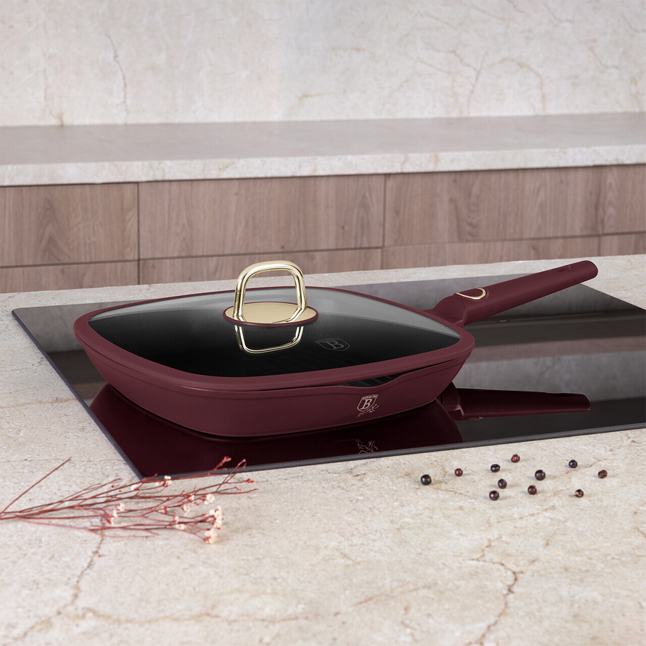 Tigaie grill cu capac Berlinger Haus, Leonardo, 28 cm, 2.1 L, aluminiu forjat, visiniu mat - imagine 3