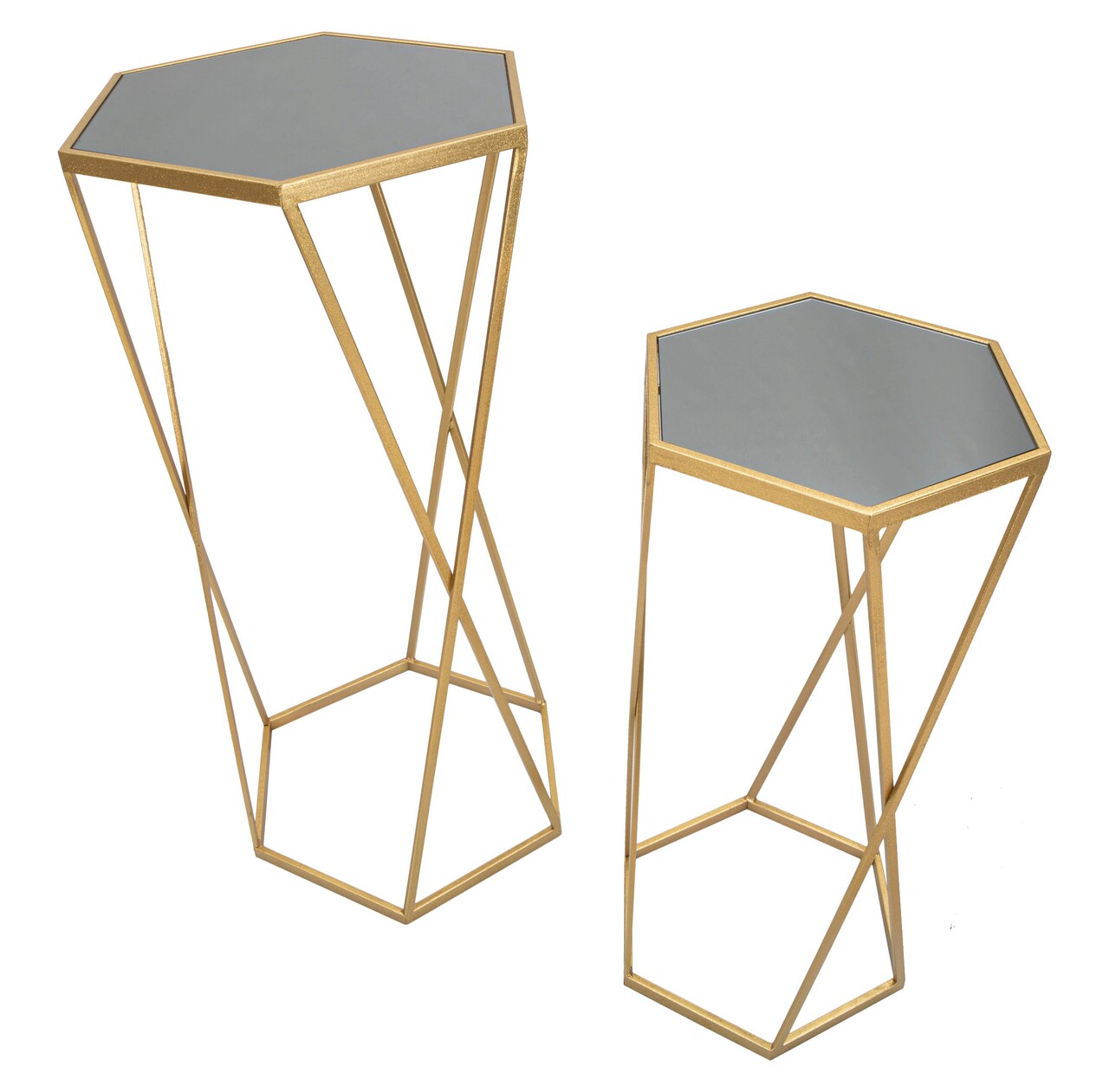 Set 2 masute inalte, Hexagon, Mauro Ferretti,  Ø50 x 100 cm/40 x 80 cm, fier/MDF/oglinda, auriu - 1 | YEO