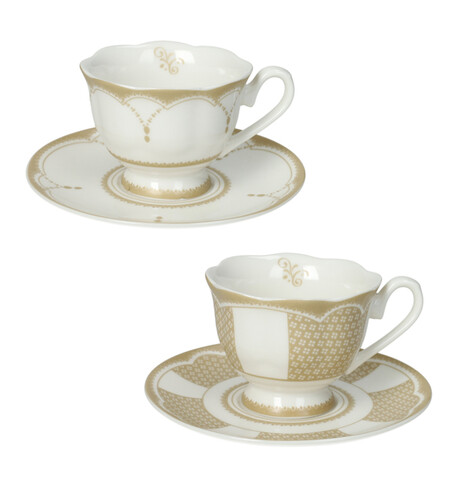 Set 2 cesti cu farfurie pentru cafea, Golden Eye v2, Brandani, D11.5x6 cm, portelan New Bone China