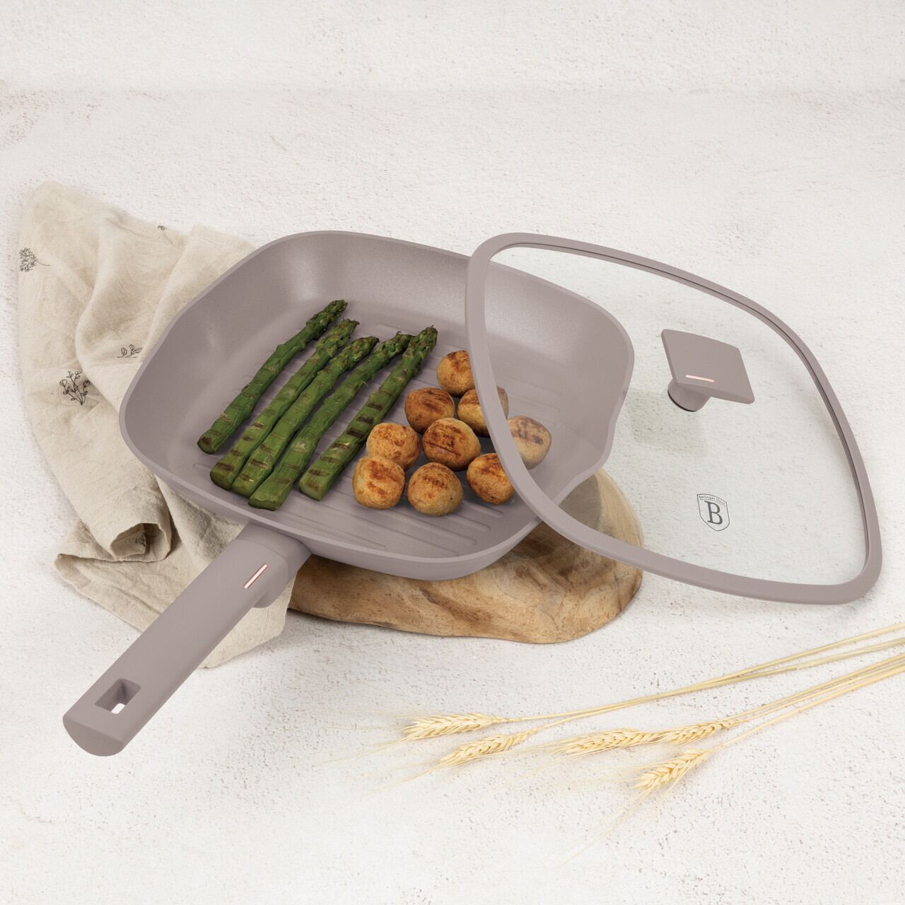 Tigaie grill cu capac Berlinger Haus, Taupe, 28 cm, 2.1 L, aluminiu forjat, taupe mat - imagine 3