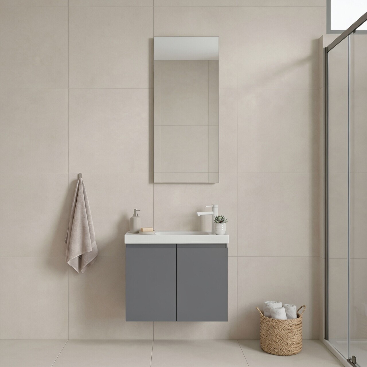 Set Dulap de Baie cu Chiuvetă și Oglindă (2 Piese), Hanah Home, Ferla 60, Gri Mat