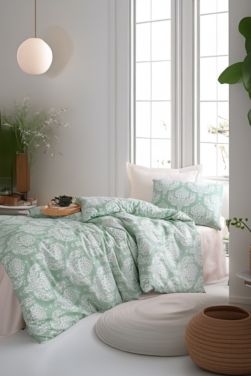 Lenjerie de pat pentru o persoana, Post - Water Green, Eponj Home, 65% bumbac/35% poliester