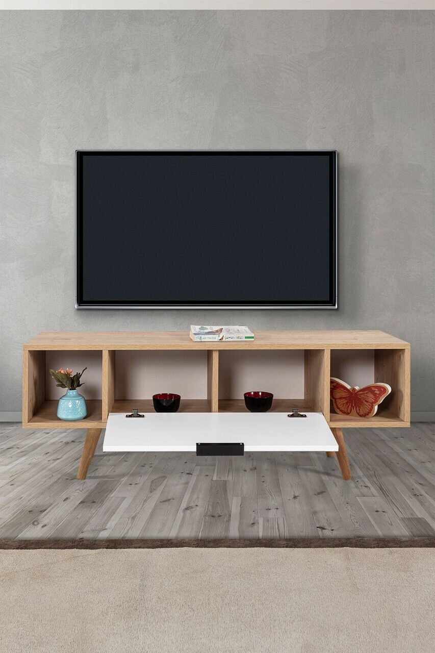 Comoda TV, Hanah Home, Mesir 3328, 130x47x35 cm, PAL, Stejar Safir / Alb — imaginea 2