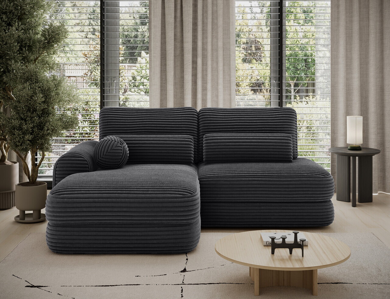 Coltar extensibil stanga 3 locuri ELTAP, Ripeli, 217x175x96 cm, lemn/catifea din poliester, negru — imaginea 3