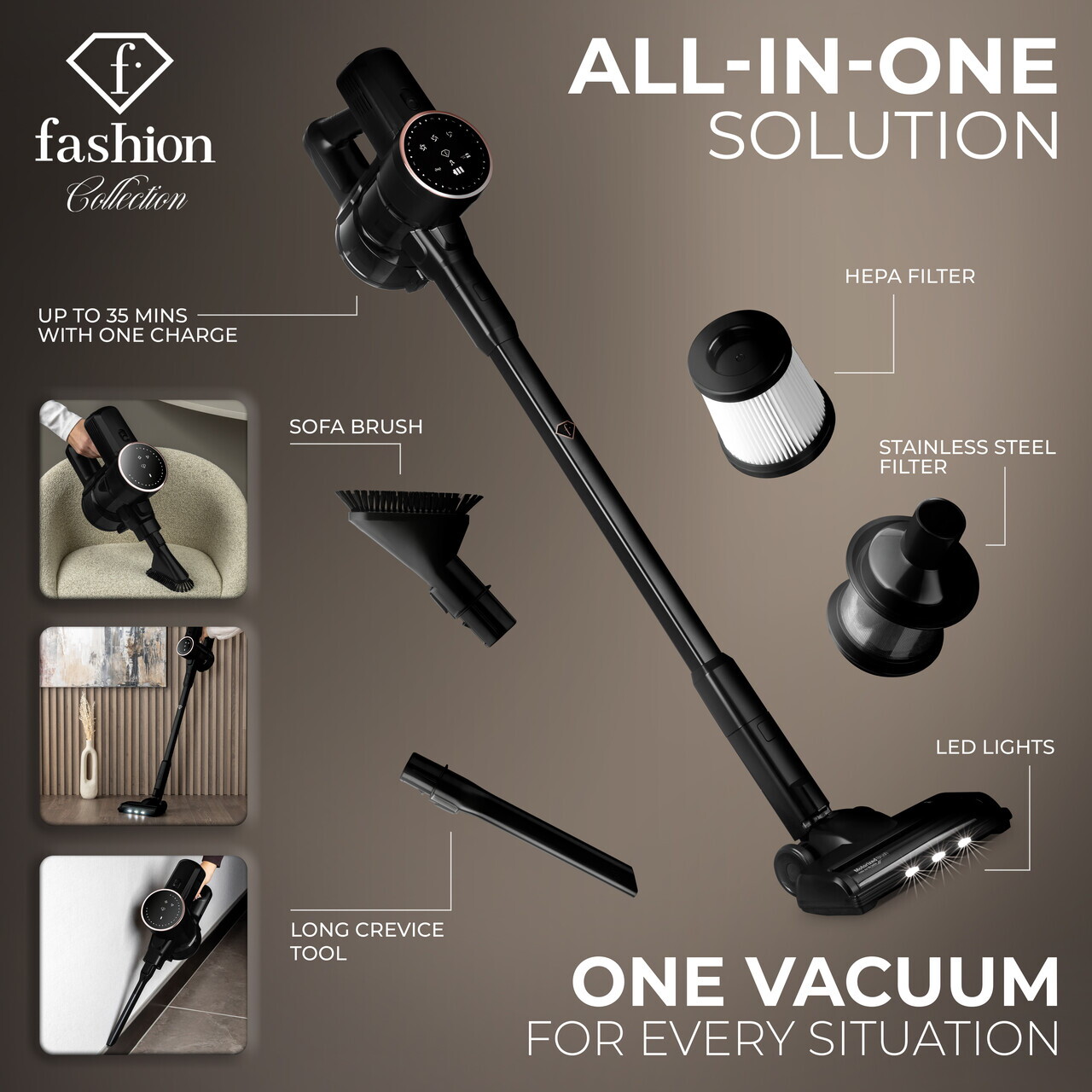 Aspirator vertical Fashion TV, Matte Black-Rose Gold, 250 W, 3 viteze, negru - imagine 10