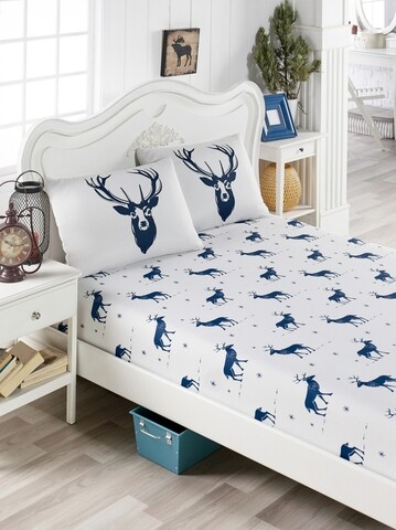 Set de pat dublu geyik - dark blue, enlora home, 3 piese, 65% bumbac si 35% poliester, albastru
