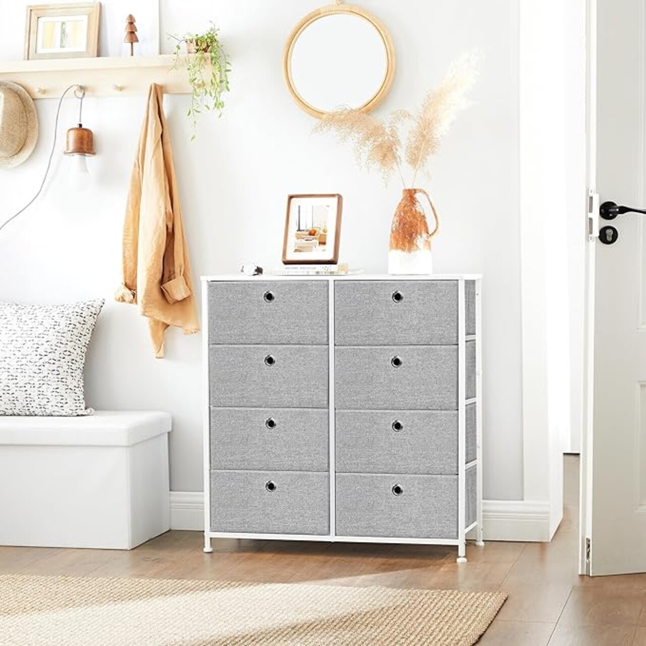 Comoda cu 8 sertare textile, Songmics, 80x30x81.5 cm, MDF/otel, gri