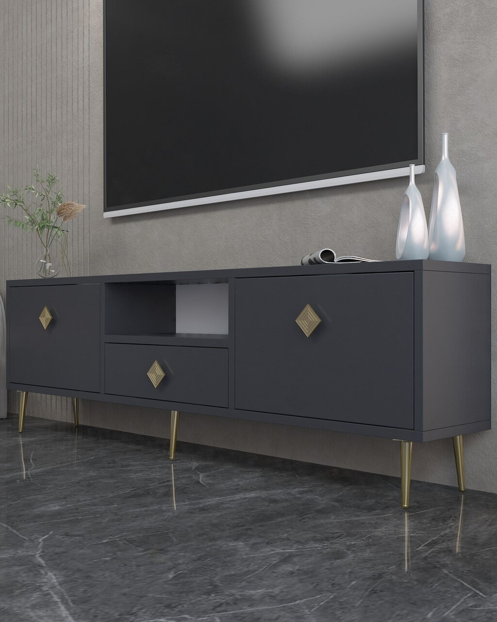 Comoda TV, Hanah Home, 1308-DROP-1, 140x45x30 cm, PAL , Antracit / Aur - view 2