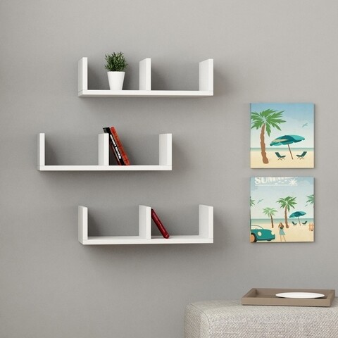 Set 3 rafturi pentru perete U-Model, Decortie, 50x20x14 cm, alb
