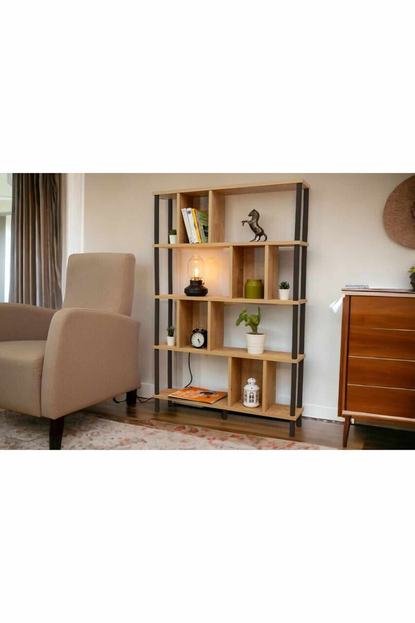 Corp biblioteca, Hanah Home, Peka-0045, 90x137x20 cm, PAL, Stejar / Negru — imaginea 3